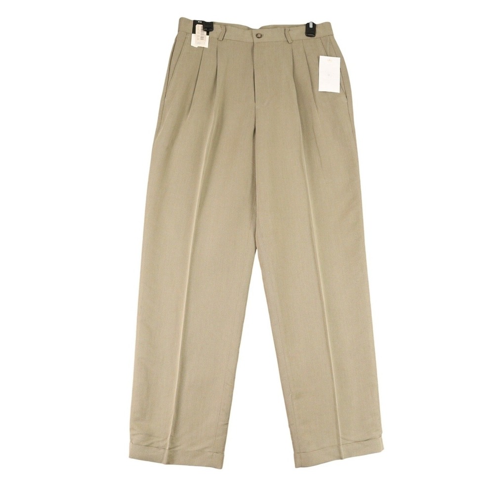 Claiborne Pleated Dress Pants Mens 33x32 Khaki Herringbone Cuffed Office Wear